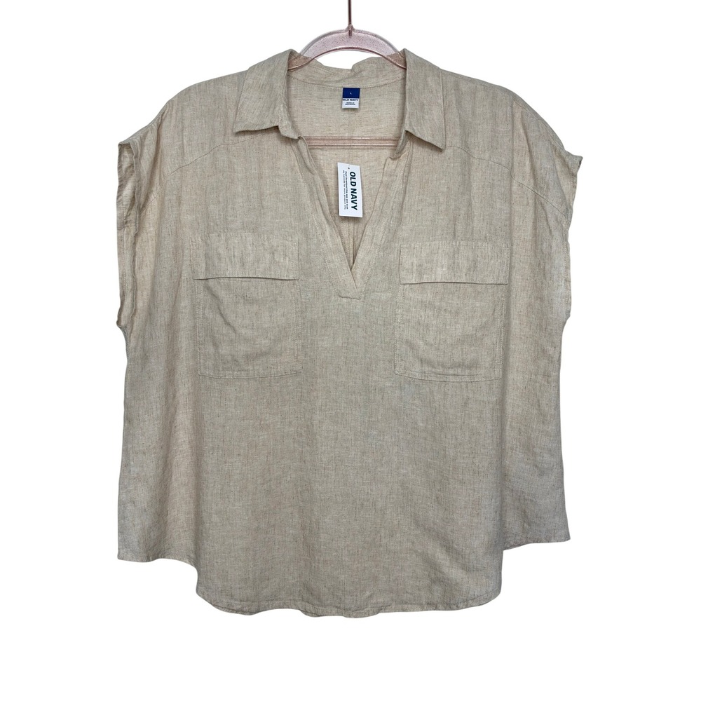 Old Navy Linen Blend Top L Beige Short Sleeve V-Neck Pocket Natural Boxy New